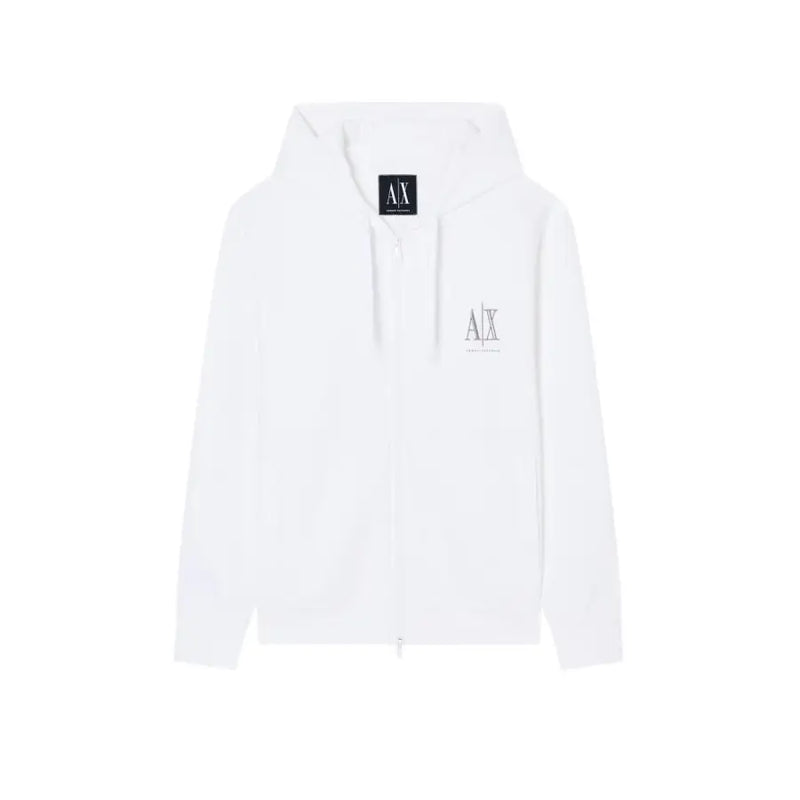 Armani Exchange men sweatshirt white zip-up hoodie with subtle silver logo embroidery and black collar tag