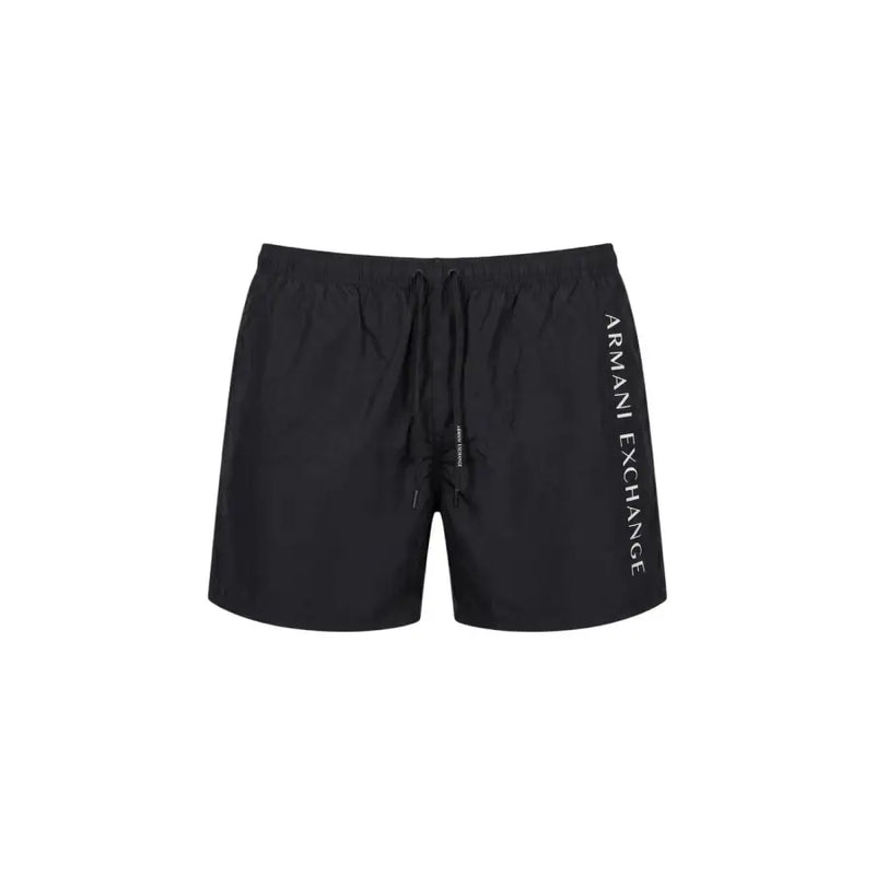 Armani Exchange men swimwear black swim trunks with white vertical branding on the side for beach and pool use