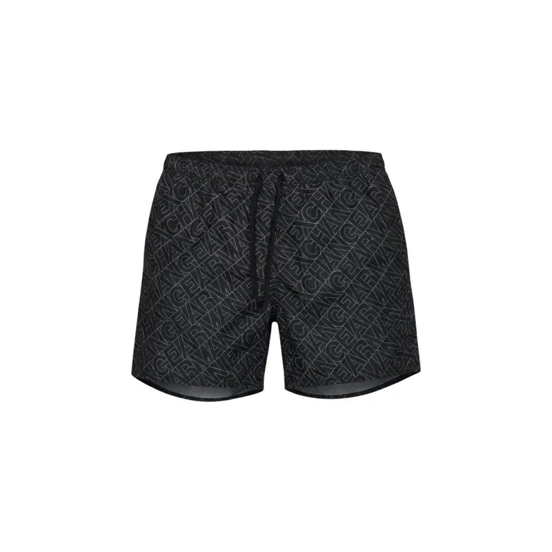 Armani Exchange men swimwear black swim trunks with a repeating white outlined geometric change pattern