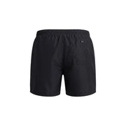 Back side of black Armani Exchange men swimwear swim trunks with subtle elastic waistband and small back pocket with logo