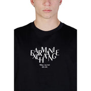 Black Armani Exchange men t-shirt featuring a white Armani Exchange logo and Milano New York est text on front