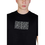 Armani Exchange men black crew-neck t-shirt with bold white graphic print of overlapping stylized letters