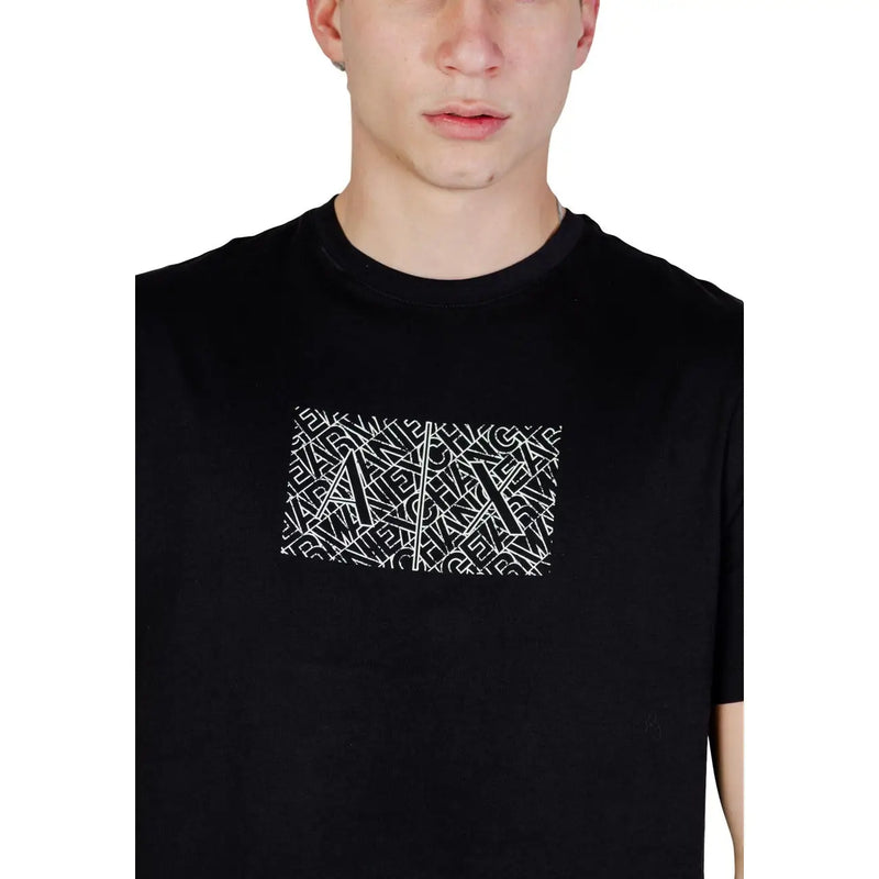 Armani Exchange men black crew-neck t-shirt with bold white graphic print of overlapping stylized letters