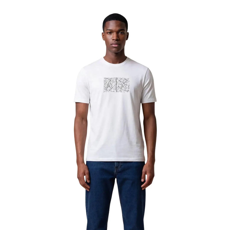 Armani Exchange men white cotton t-shirt with subtle repeating logo pattern across the chest