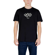 Black cotton Armani Exchange men t-shirt featuring a white logo with Milan New York 1978 text beneath it