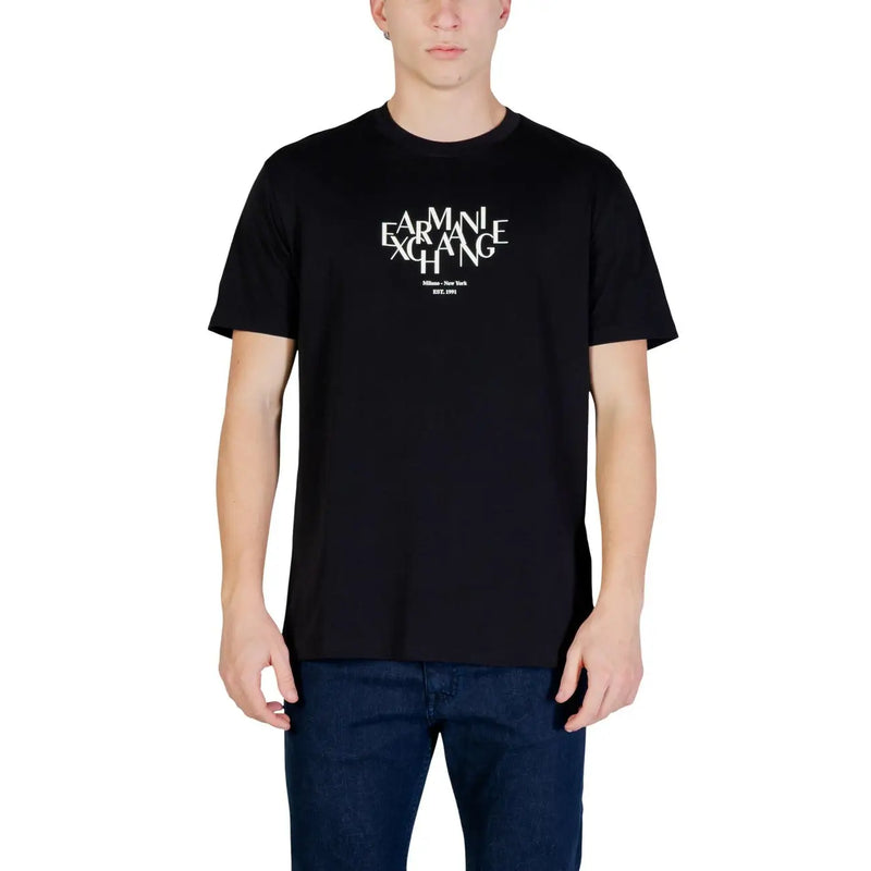 Black cotton Armani Exchange men t-shirt featuring a white logo with Milan New York 1978 text beneath it