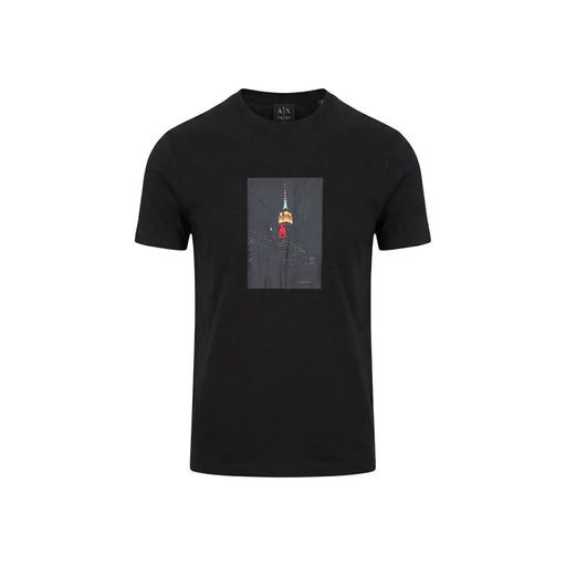 Armani Exchange men black t-shirt featuring a rectangular night view graphic of the Empire State Building