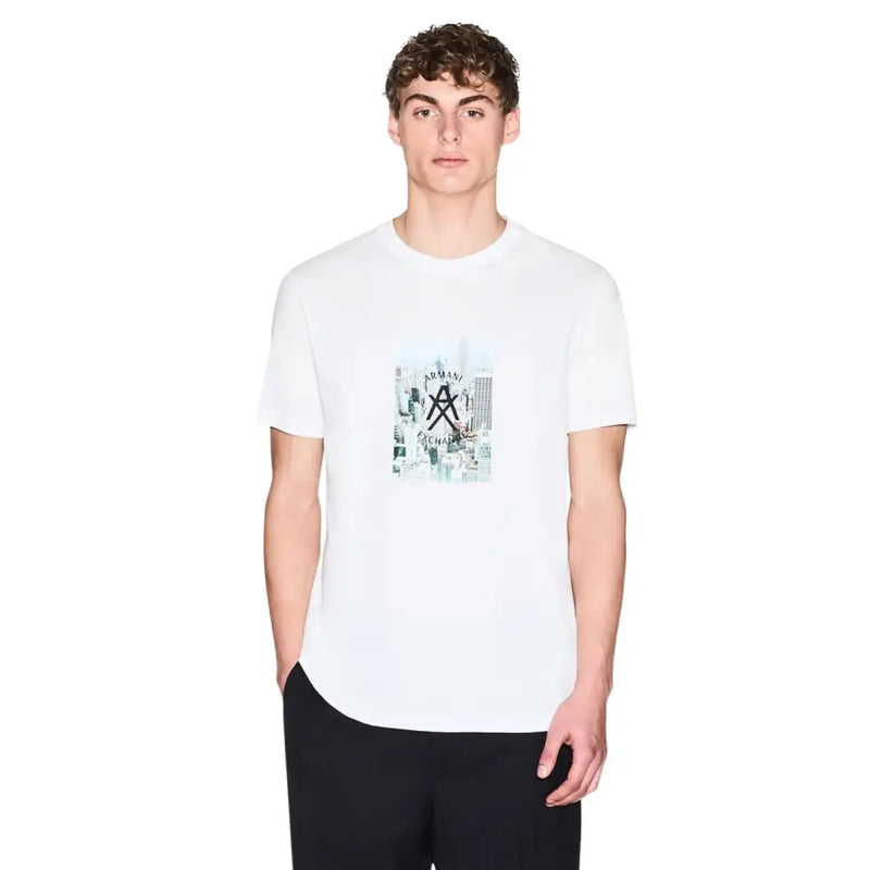 Armani Exchange Schwarzes Herren-T-Shirt aus Baumwolle mit Rundhalsausschnitt, Größe M, mit weißem Grafikdruck von Stadtgebäuden und Logo