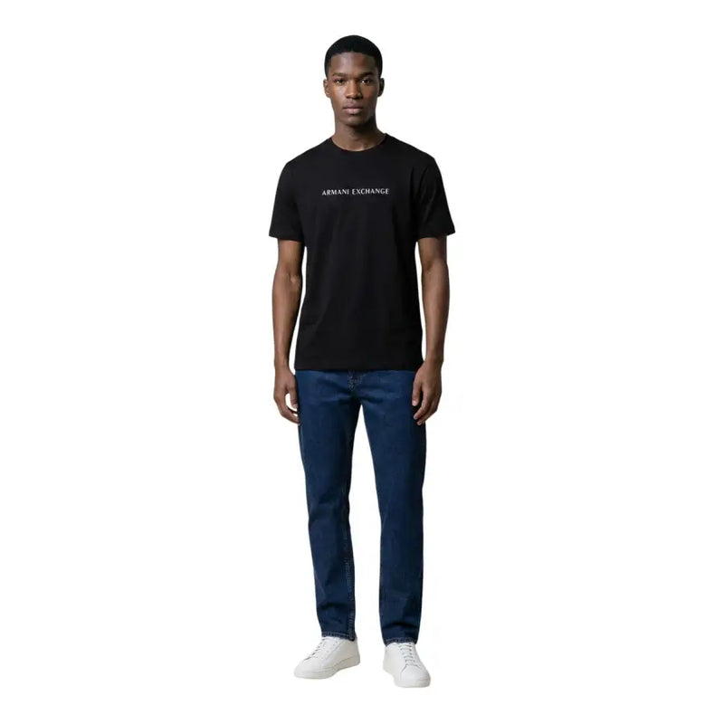 Armani Exchange men t shirt black cotton round neck short sleeve with white logo across the chest