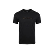 Armani Exchange men black cotton t shirt with round neck short sleeve and gold embroidered logo across the chest