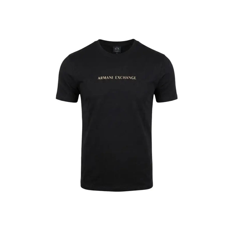 Armani Exchange men black cotton t shirt with round neck short sleeve and gold embroidered logo across the chest