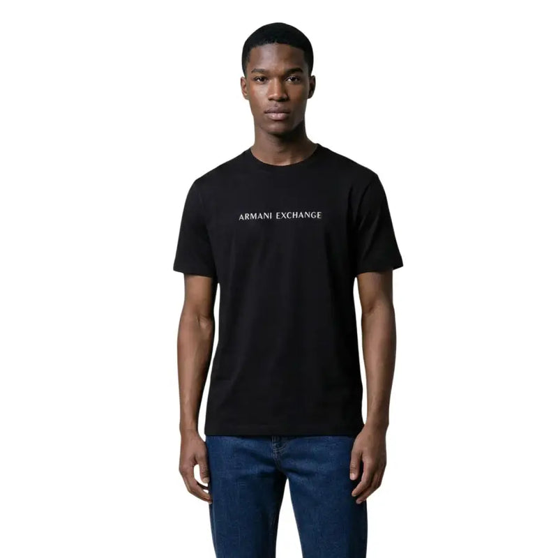 Armani Exchange men t shirt black cotton round neck short sleeve with white Armani Exchange logo across the chest