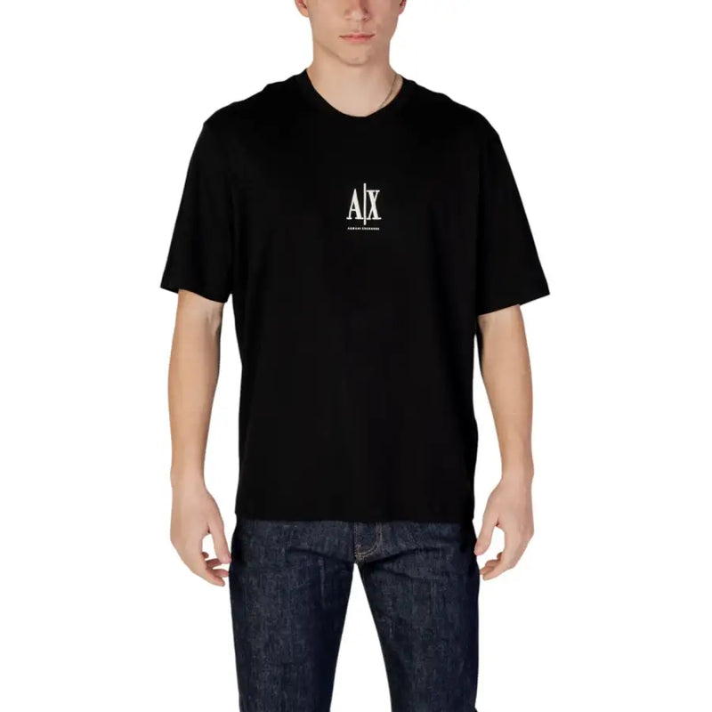 Armani Exchange men t-shirt black round neck cotton with white logo on the chest front side