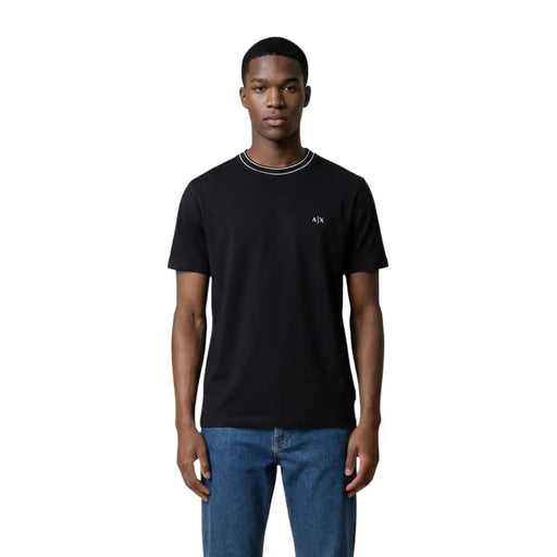 Armani Exchange men short-sleeved black t-shirt with white collar trim and small chest embroidered logo