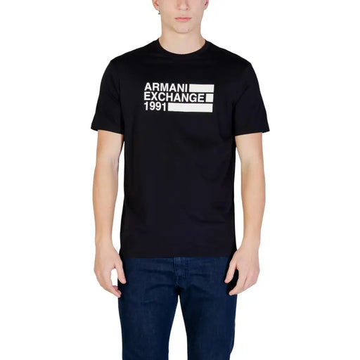 Armani Exchange men t-shirt in black cotton with white 1991 logo and horizontal stripes for casual wear