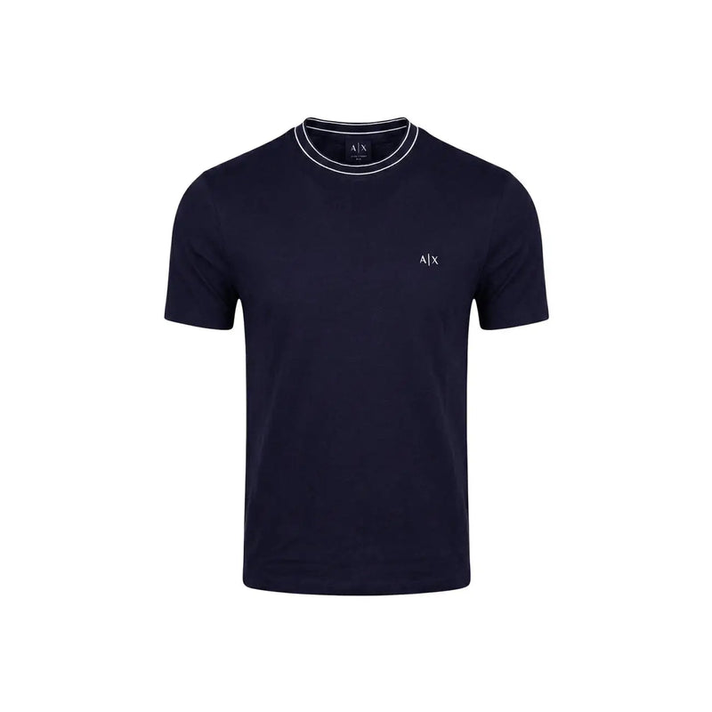 Navy blue Armani Exchange men t-shirt with white trim and subtle logo embroidery in a cotton blend fabric