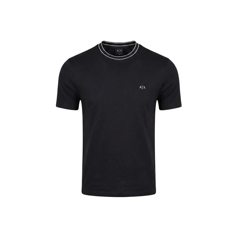 Black Armani Exchange men t-shirt with white collar trim and small embroidered logo on the chest
