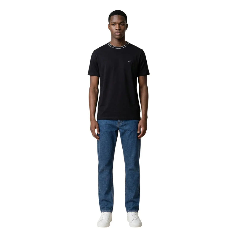 Armani Exchange men black short-sleeved t-shirt with subtle white neckline trim and small chest embroidered logo