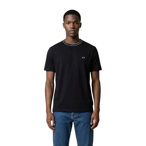 Armani Exchange men short-sleeved black t-shirt with white collar trim and small chest embroidered logo