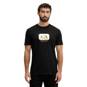 Armani Exchange men black t-shirt with gold-toned rectangular a x logo and armani exchange text on front