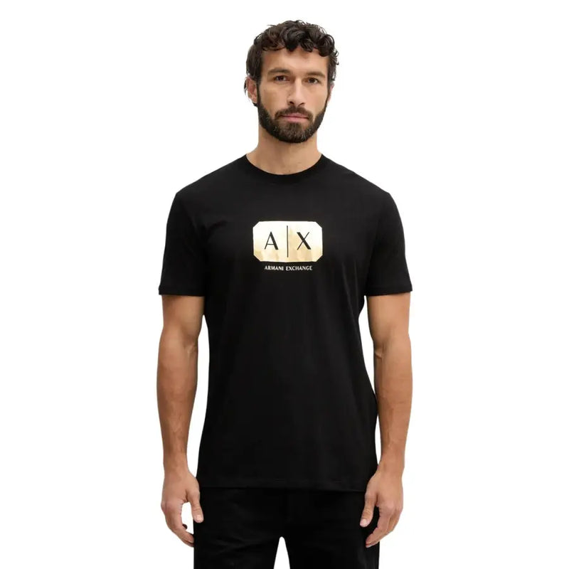 Armani Exchange men black t-shirt with gold-toned rectangular a x logo and armani exchange text on front