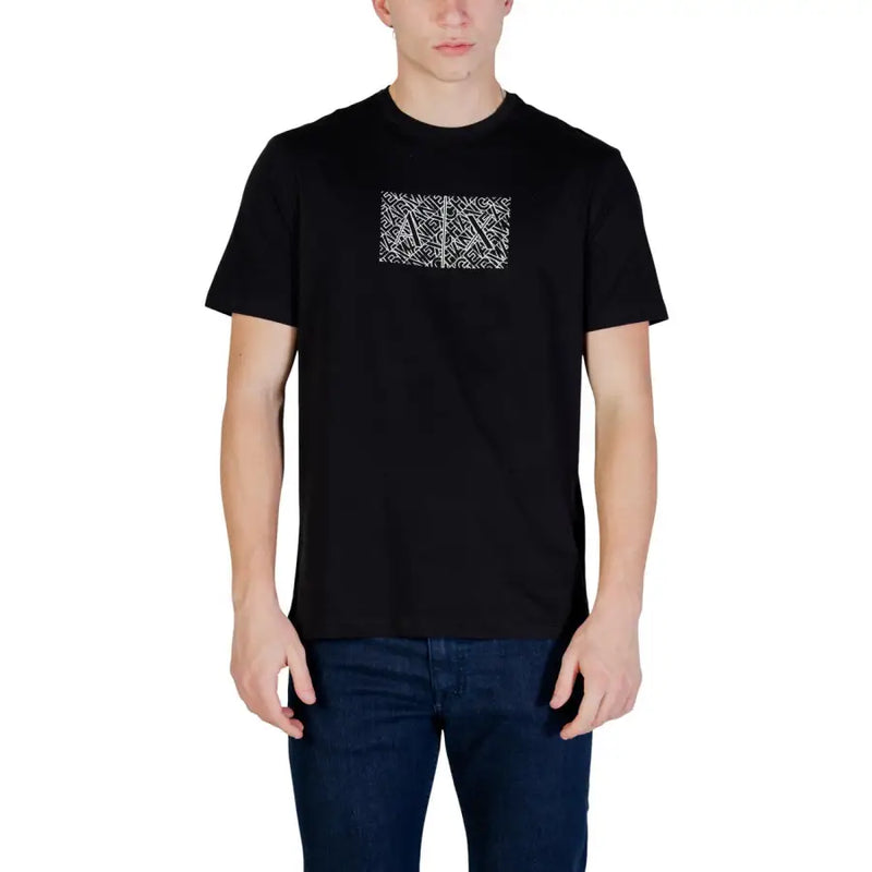 Armani Exchange Herren schwarze Kurzarm t-shirt mit weißem geometrischem Logoprint auf der Brust, lässige Baumwolle top