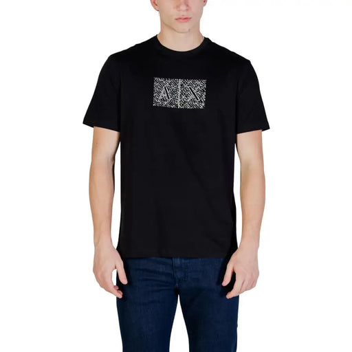 Armani Exchange men black short-sleeved t-shirt with white geometric logo print on chest, casual cotton top