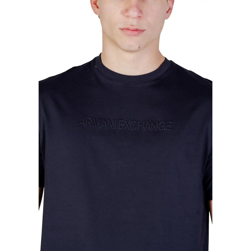 Black Armani Exchange men t-shirt featuring a crew neck and subtle embossed logo for casual wear