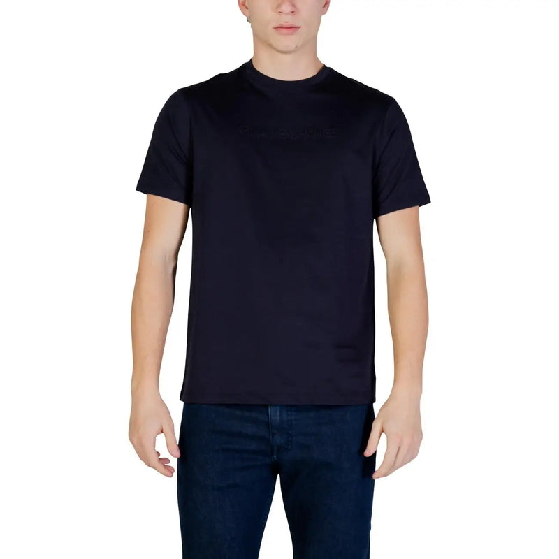 Armani Exchange men black crew-neck t-shirt with subtle embossed branding across the chest in cotton material