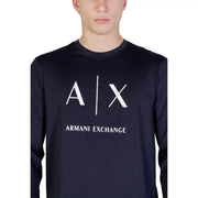 Navy blue long-sleeved Armani Exchange men t-shirt with white a x logo and brand name printed on the chest