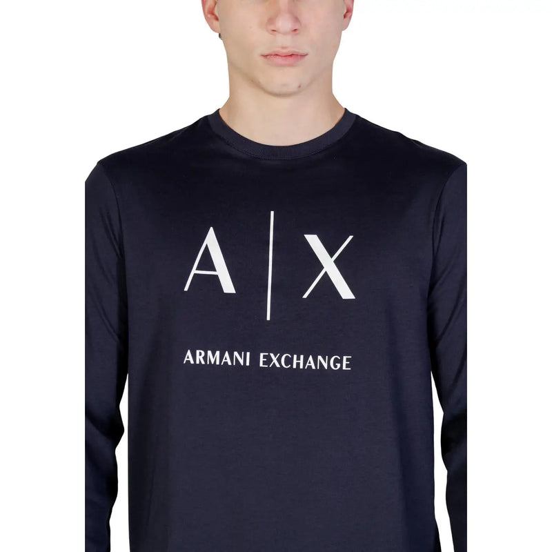 Navy blue long-sleeved Armani Exchange men t-shirt with white a x logo and brand name printed on the chest