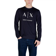 Navy blue long-sleeved Armani Exchange men t-shirt with white a x logo and brand name printed on the chest