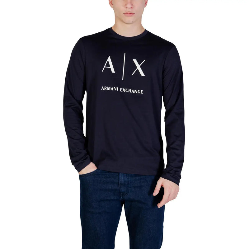 Navy blue long-sleeved Armani Exchange men t-shirt with white a x logo and brand name printed on the chest