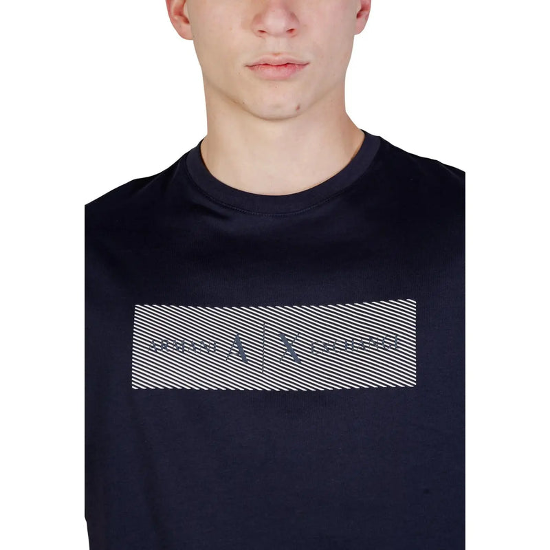 Black cotton Armani Exchange men t-shirt with rectangular graphic featuring diagonal white stripes and gray logo