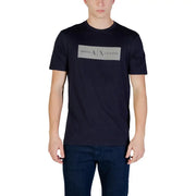 Black short-sleeved Armani Exchange men t-shirt with a rectangular embossed silver armani exchange logo on the front