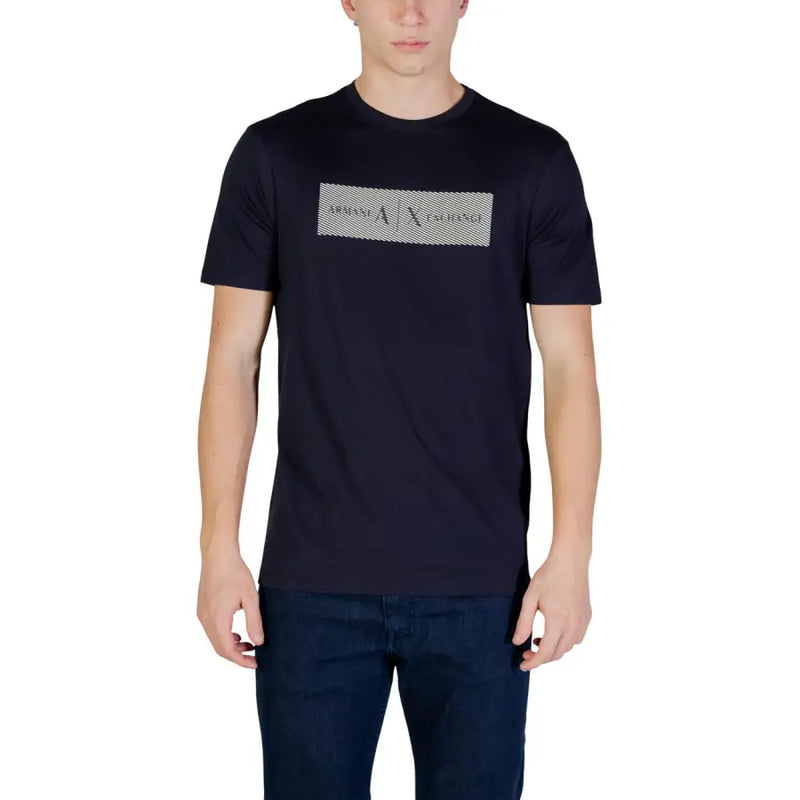 Black short-sleeved Armani Exchange men t-shirt with a rectangular embossed silver armani exchange logo on the front