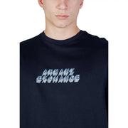 Black Armani Exchange crew neck t-shirt with geometrically stylized light gray and white logo for men