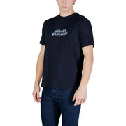 Armani Exchange men black short-sleeved t-shirt with light blue Armani Exchange logo printed across the chest