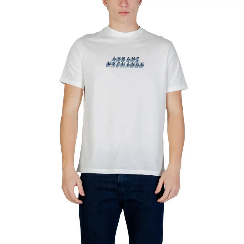 White Armani Exchange men t-shirt featuring a subtle blue gradient logo across the chest, casual wear essential