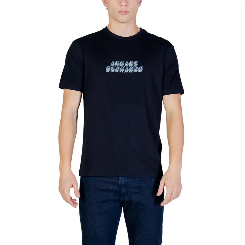 Black short-sleeved Armani Exchange men t-shirt featuring a light blue and white Armani Exchange logo across the chest