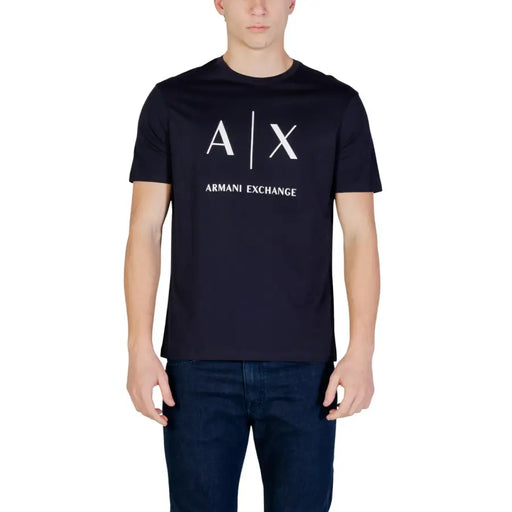 Armani Exchange men t-shirt in black with white a x logo and brand name printed across the chest