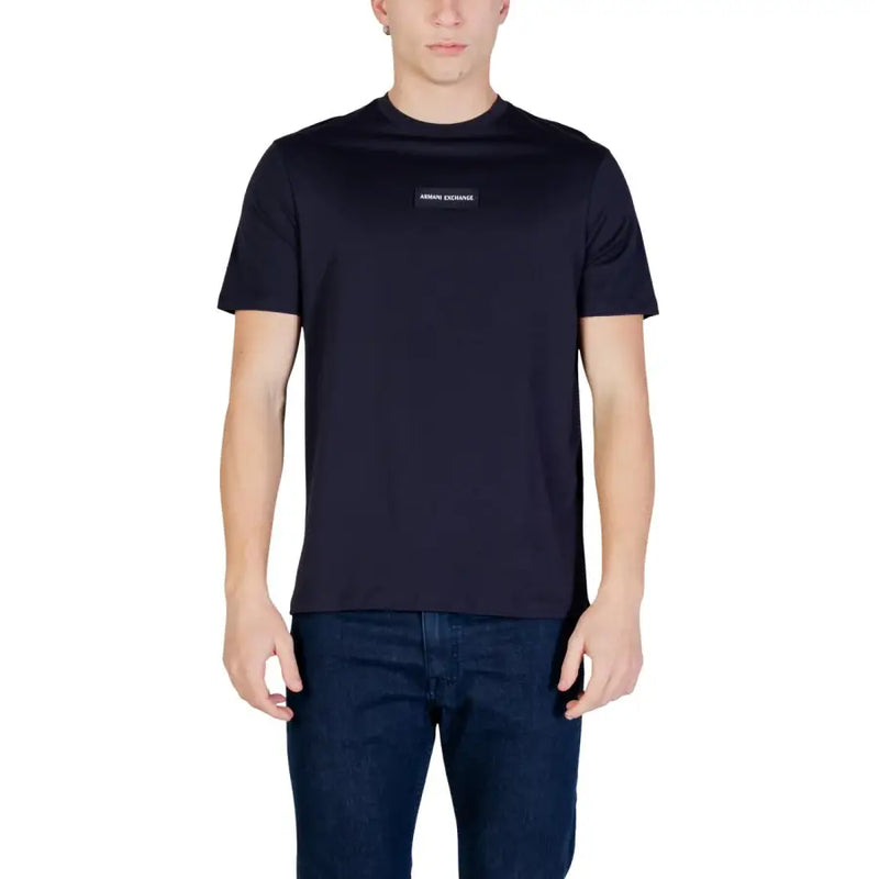 Black Armani Exchange men t-shirt with short sleeves and subtle rectangular logo patch on the chest