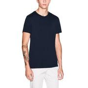 A sleek navy blue cotton t-shirt from Armani Exchange with a classic crew neck and short sleeves for men