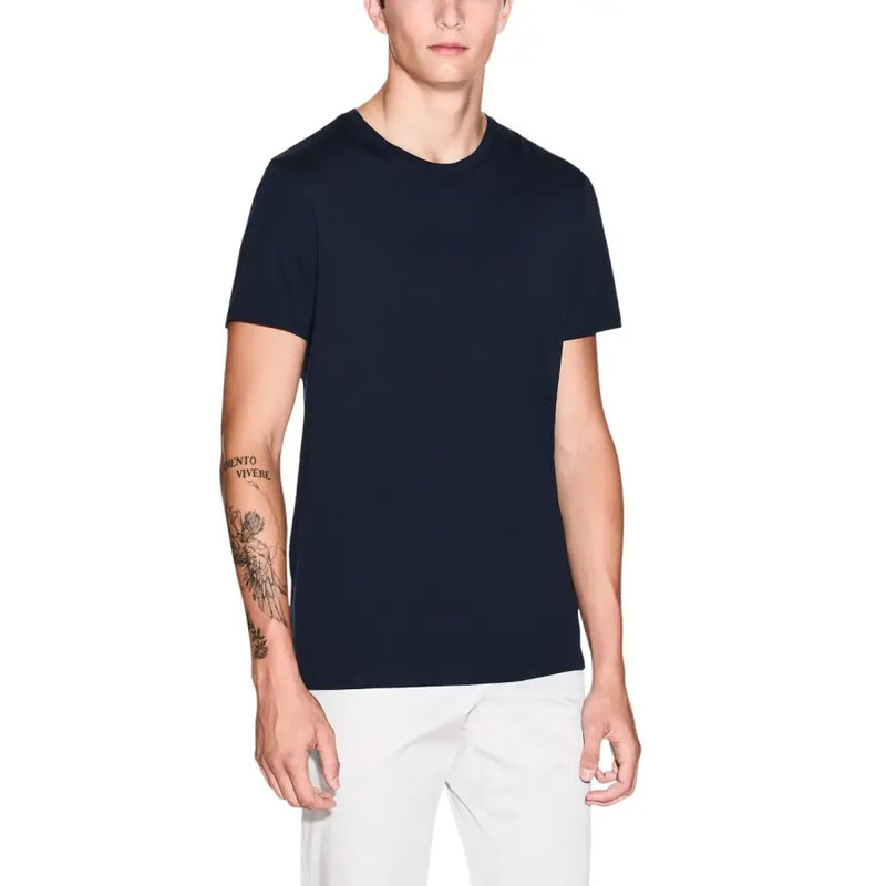 A sleek navy blue cotton t-shirt from Armani Exchange with a classic crew neck and short sleeves for men