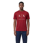 Rot Armani Exchange Männer t-shirt mit einem weißen AX-Logo und Markennamen, der auf der Brust aufgedruckt ist