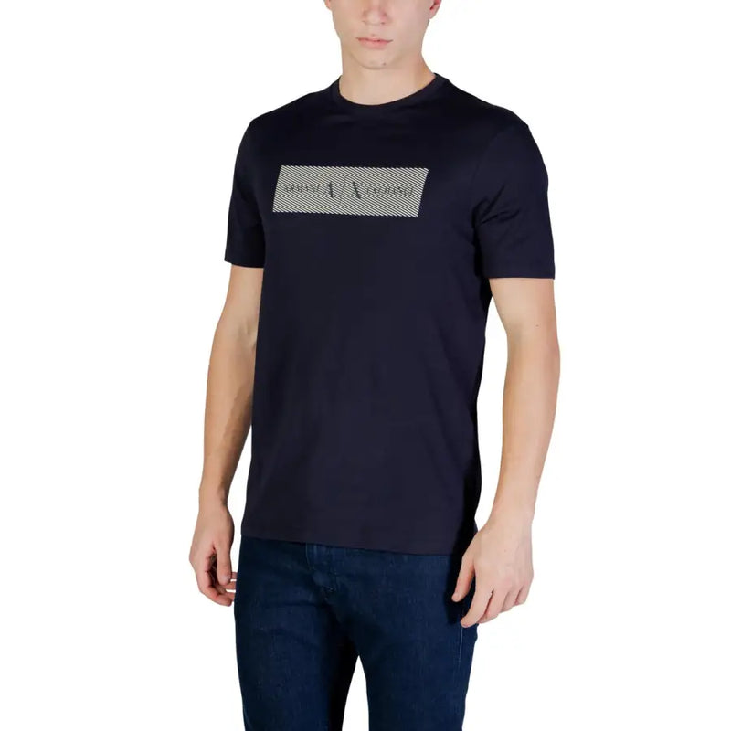 Navy blue armani exchange men t-shirt with short sleeves and a rectangular silver-toned logo patch on the chest