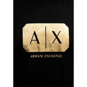 Black Armani Exchange men t-shirt featuring a prominent gold foil a|x emblem and brand name on the front