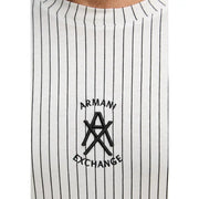 Armani Exchange Herren-Pullover mit weißem Nadelstreifen und Rundhalsausschnitt t-shirt mit schwarzem, gesticktem Logo aus Baumwollmaterial