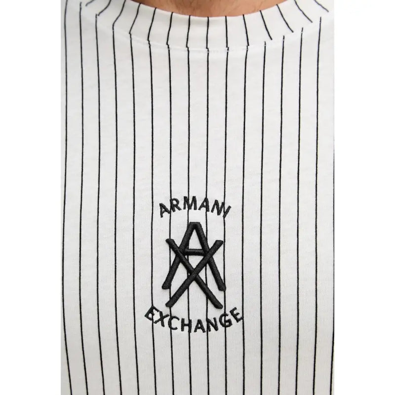 Armani Exchange Herren-Pullover mit weißem Nadelstreifen und Rundhalsausschnitt t-shirt mit schwarzem, gesticktem Logo aus Baumwollmaterial