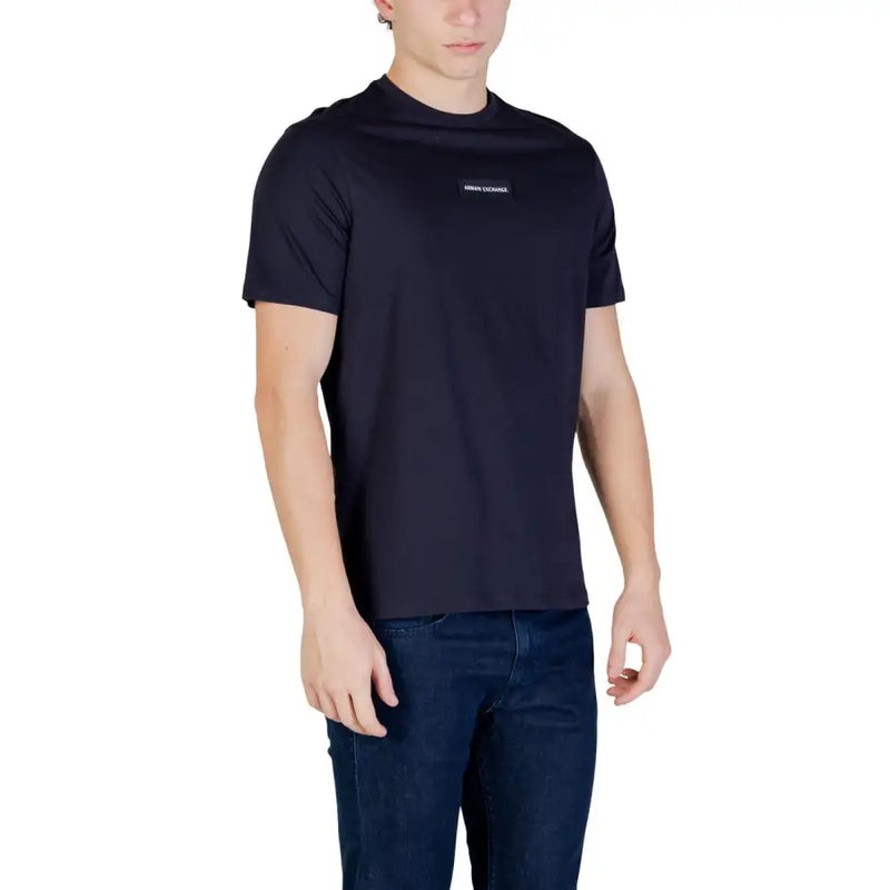 Armani Exchange men black short-sleeved t-shirt with a small rectangular logo patch on the left chest